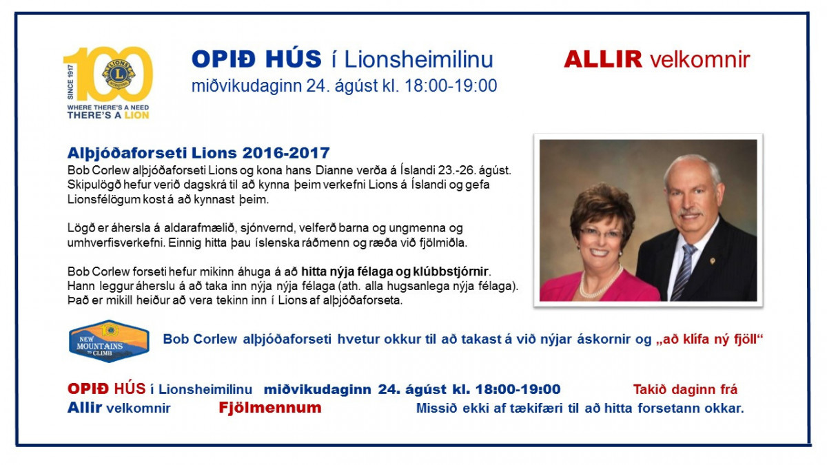 Komið og hittið alþjóðaforseta í Lionsheimilinu