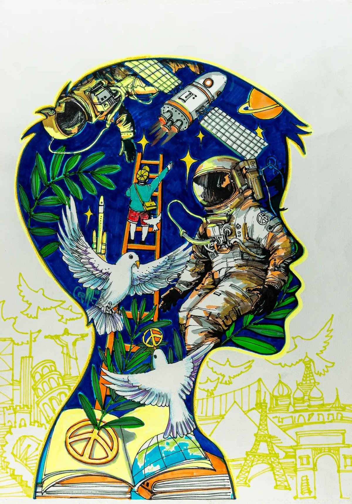 Verðlaunamyndin í Friðarveggspjaldakeppninni. Þemað í ár var 