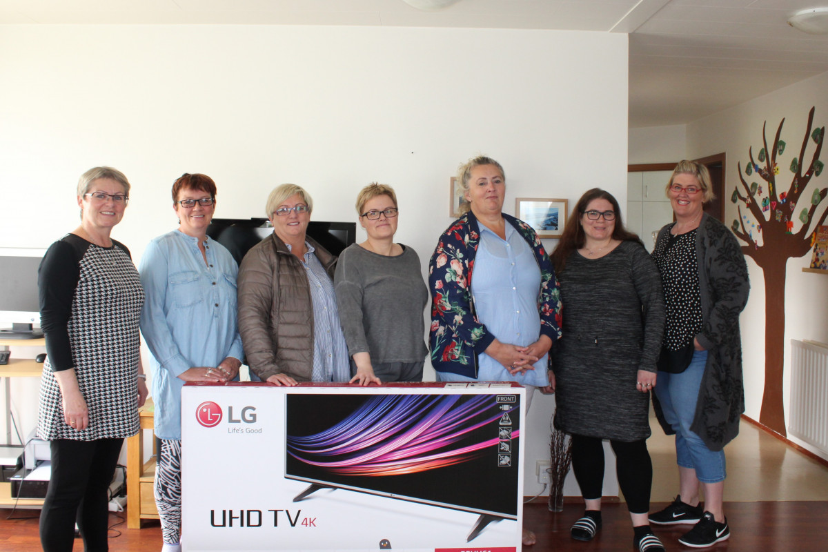 Við afhendingu nýja sjónvarpsins að Skógarhólum