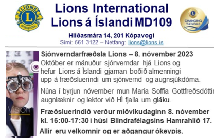 Sjónverndarfræðsla Lions 8.nóvember í Blindraheimilinu og í beinni á netinu á Zoom