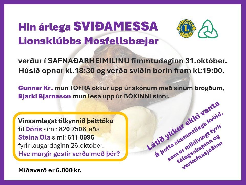 Hin árlega SVIÐAMESSA Lionsklúbbs Mosfellsbæjar